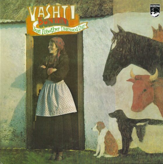 The album cover for Vashti Bunyan's 1970 album Just Another Diamond Day. She is standing outside the croft she stayed in on Berneray. Album cover photo by Christopher Sykes.