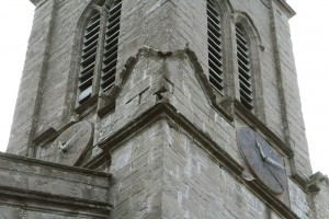 The crumbling tower of Redgorton and Stanley Parish Church 