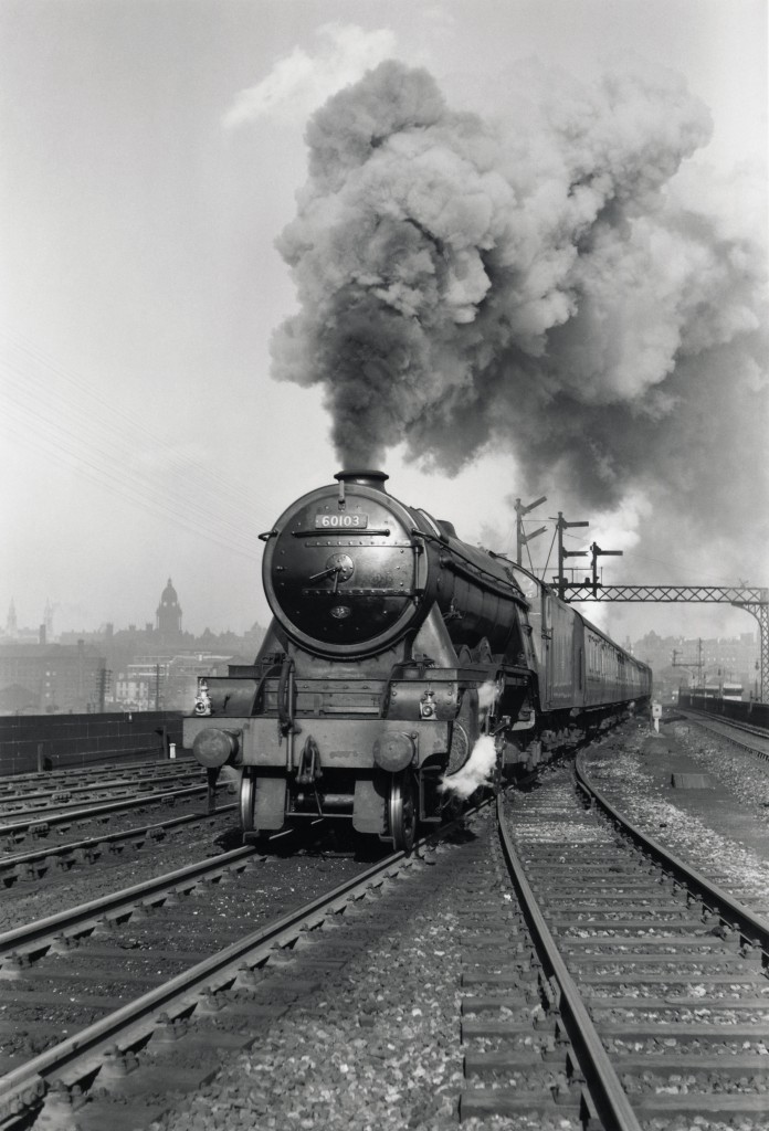 'Flying Scotsman' A3 Class steam locomotive leaving Leeds station, 1956.