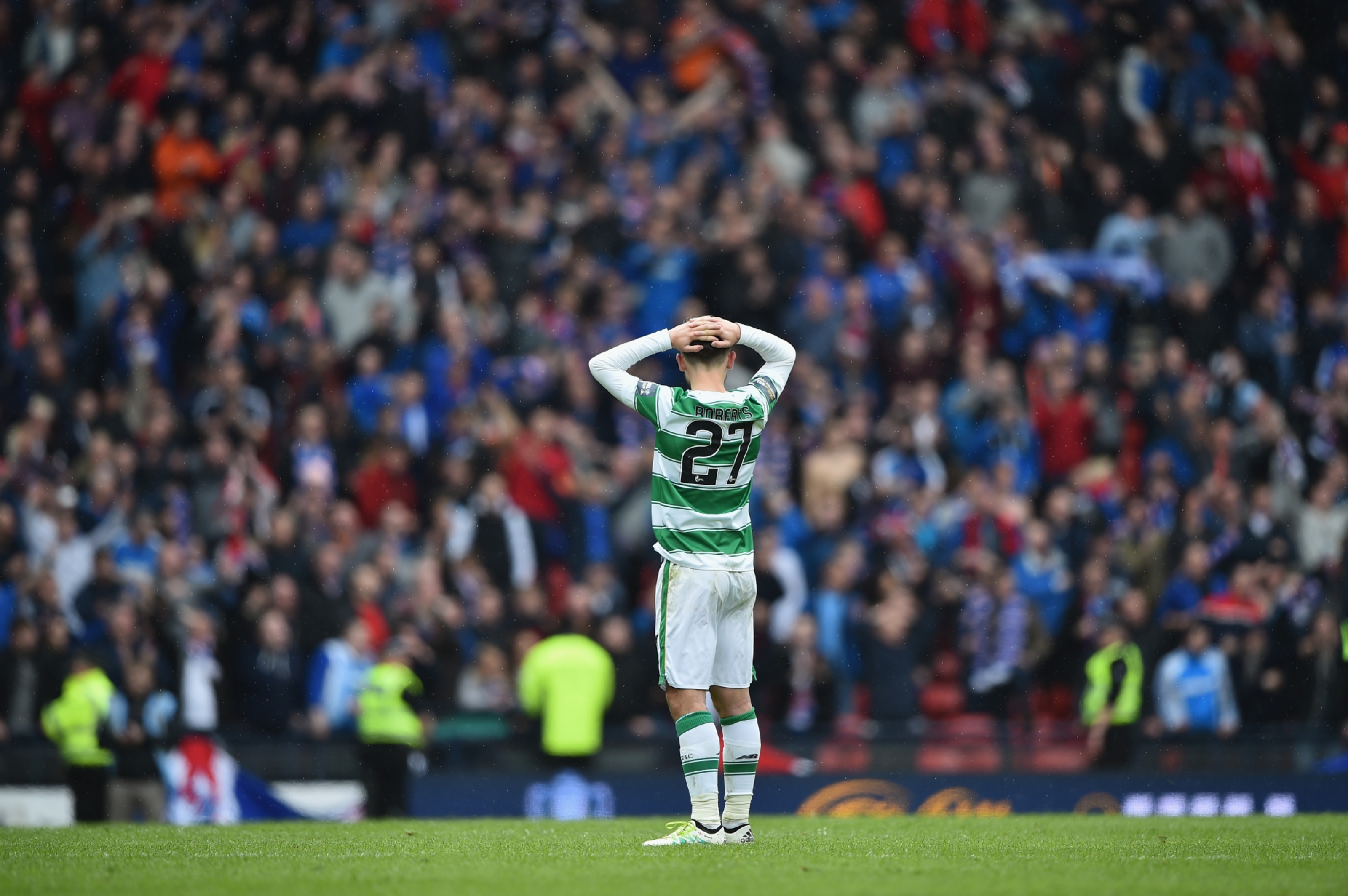 Patrick Roberts holds his head in his hands at full-time.