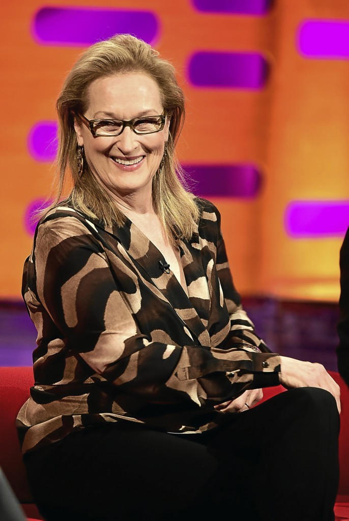 Meryl Street, with long hair, on the set of the Graham Norton Show.