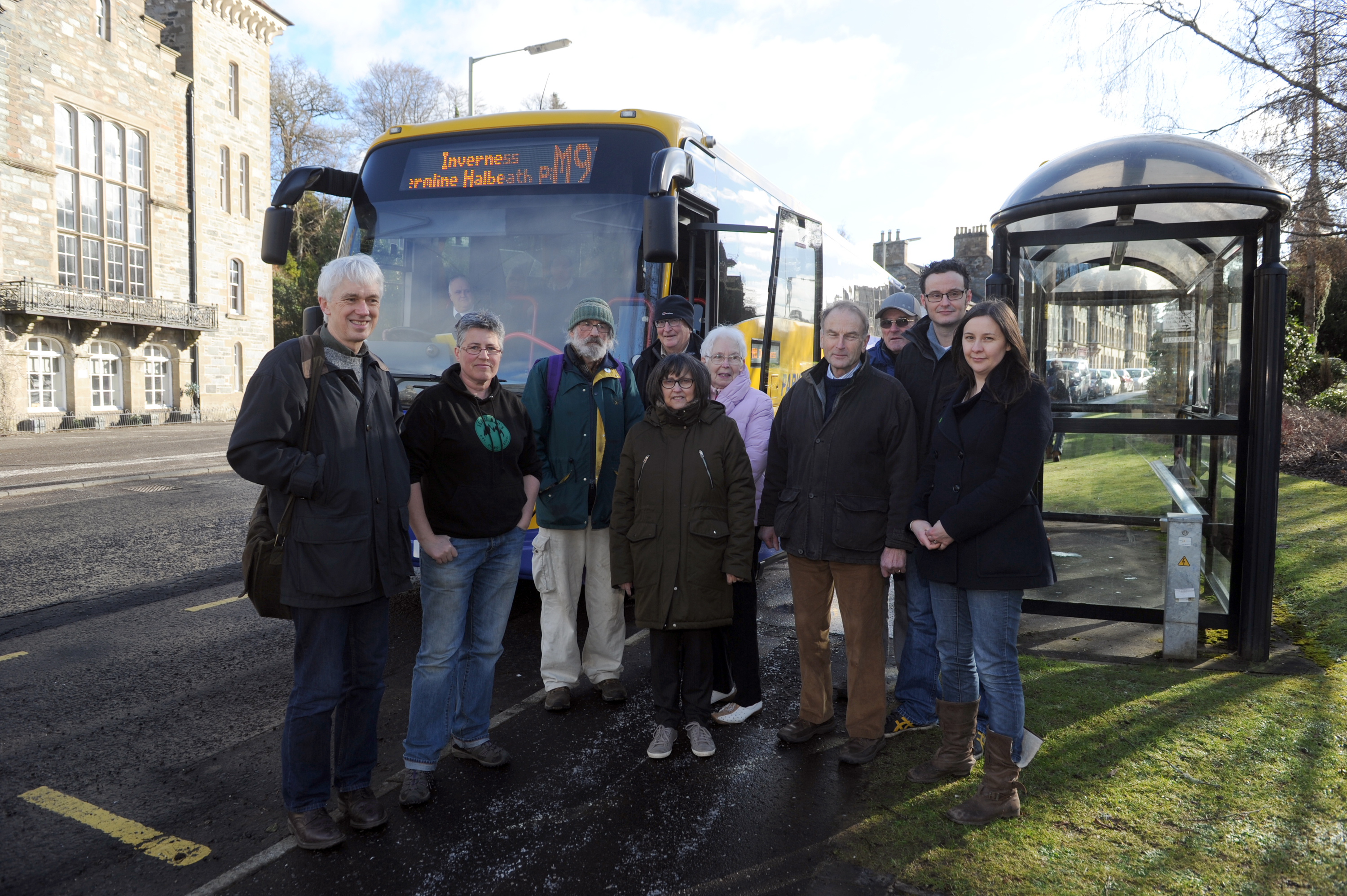 Pictured at the bus stop in Birnam are some of the local residents who have launched a petition to 'save Birnam buses' after they were severely cut back by Citylink to just one a day - l to r - Dave Roberts, Dot Mechan, Angus Hardie, Alan McKean, Laureen Merriman, Margaret Douglas, Jim Kirkland, Michael Anderson, Philip Merriman and Jess Pepper.