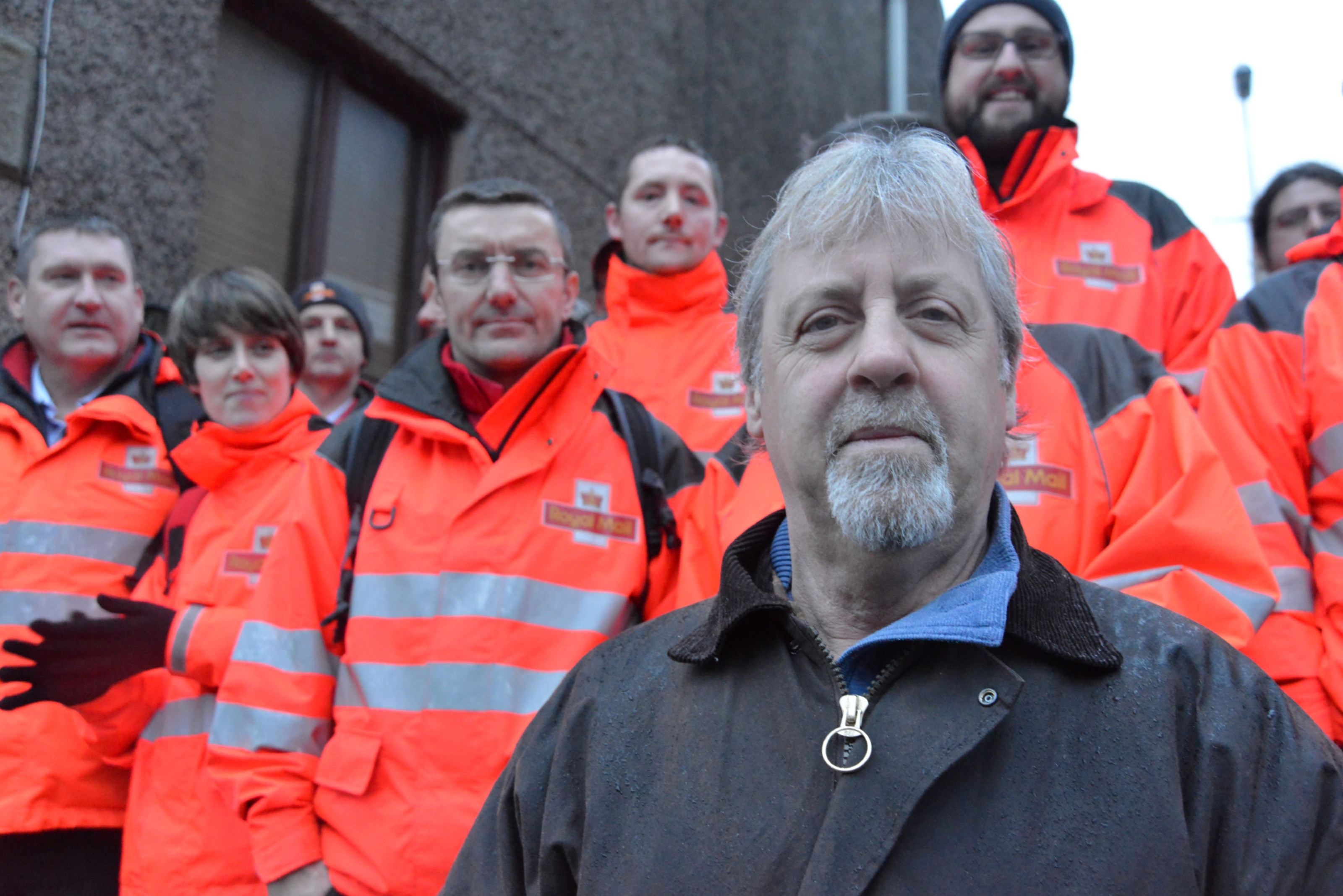 David Mitchell at a strike outside Royal Mail's sorting office in Cupar