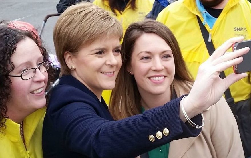 Nicola Sturgeon in selfie mode campaigning in Fife alongside Mid Fife and Glenrothes MSP, Jenny Gilruth