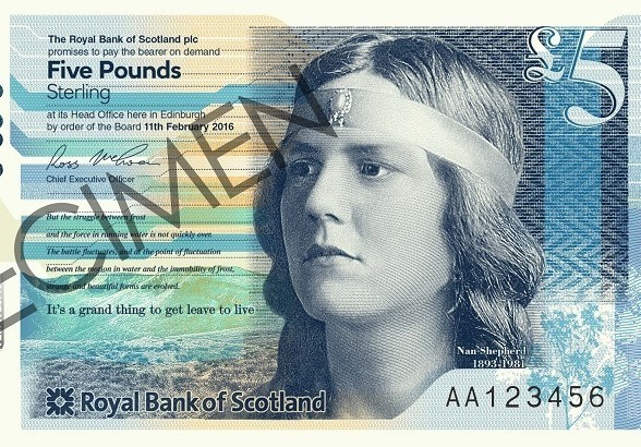 The Royal Bank of Scotland's new £5 note commemorating Scottish novelist and poet Nan Shepherd.