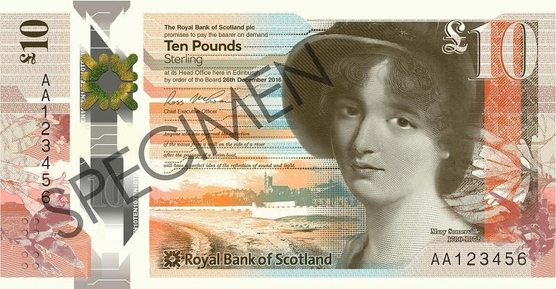 A new £10 note commemorating scientist Mary Somerville. 