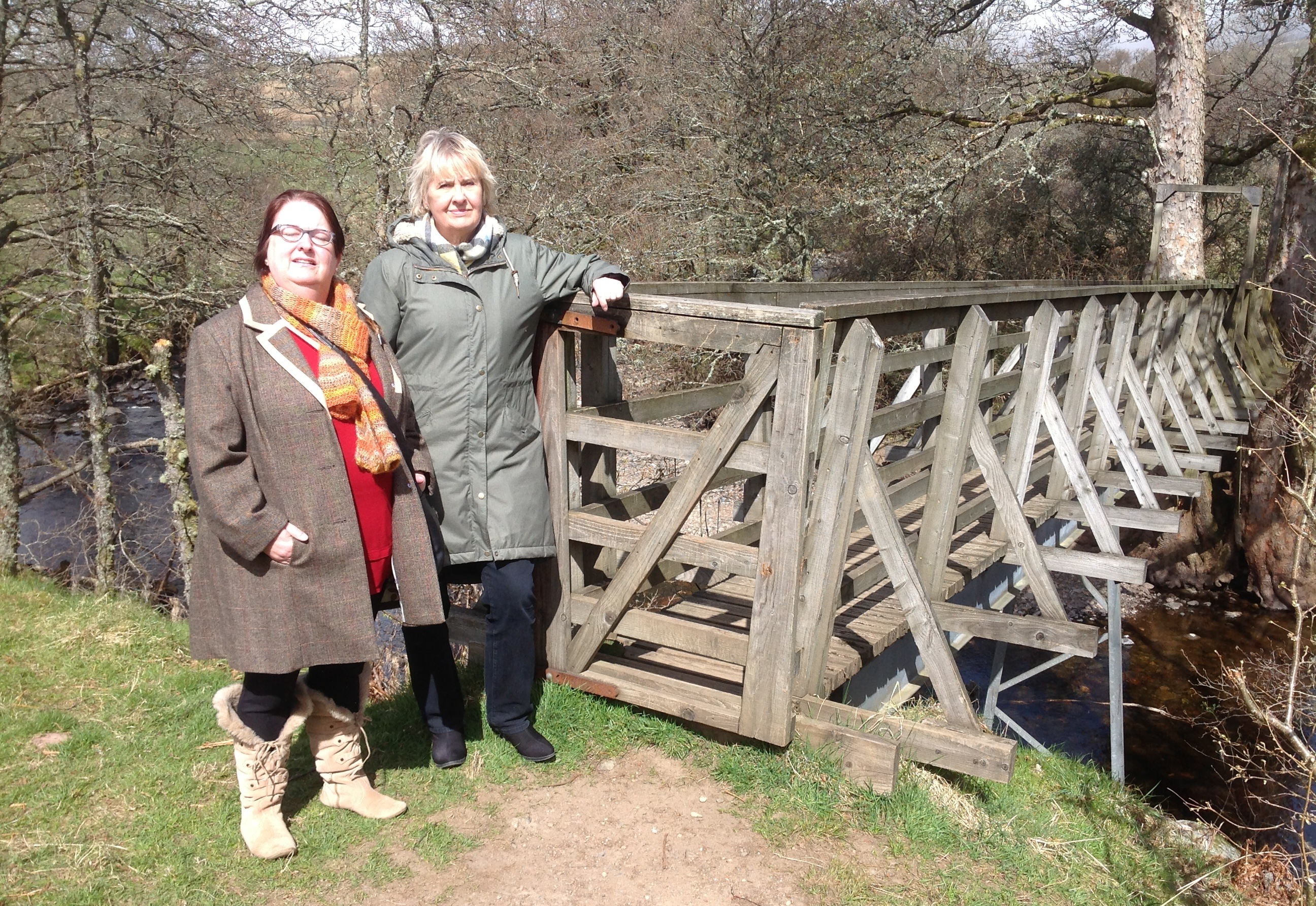 Comrie community council chair Sandra McRitchie and SNP candidate Roseanna Cunningham at the Shaky Bridge near Comrie.