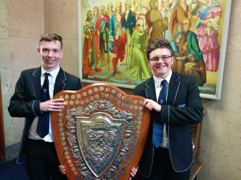 St John's RC High School pupils Logan Irvine and Ben Mitchell were among those invited to show-off the shield at the city chambers.