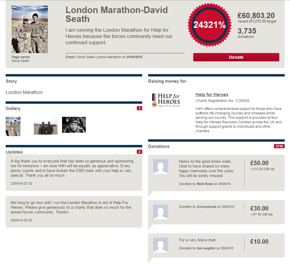 Captain David Seath's JustGiving page has attracted thousands of pounds of donations.