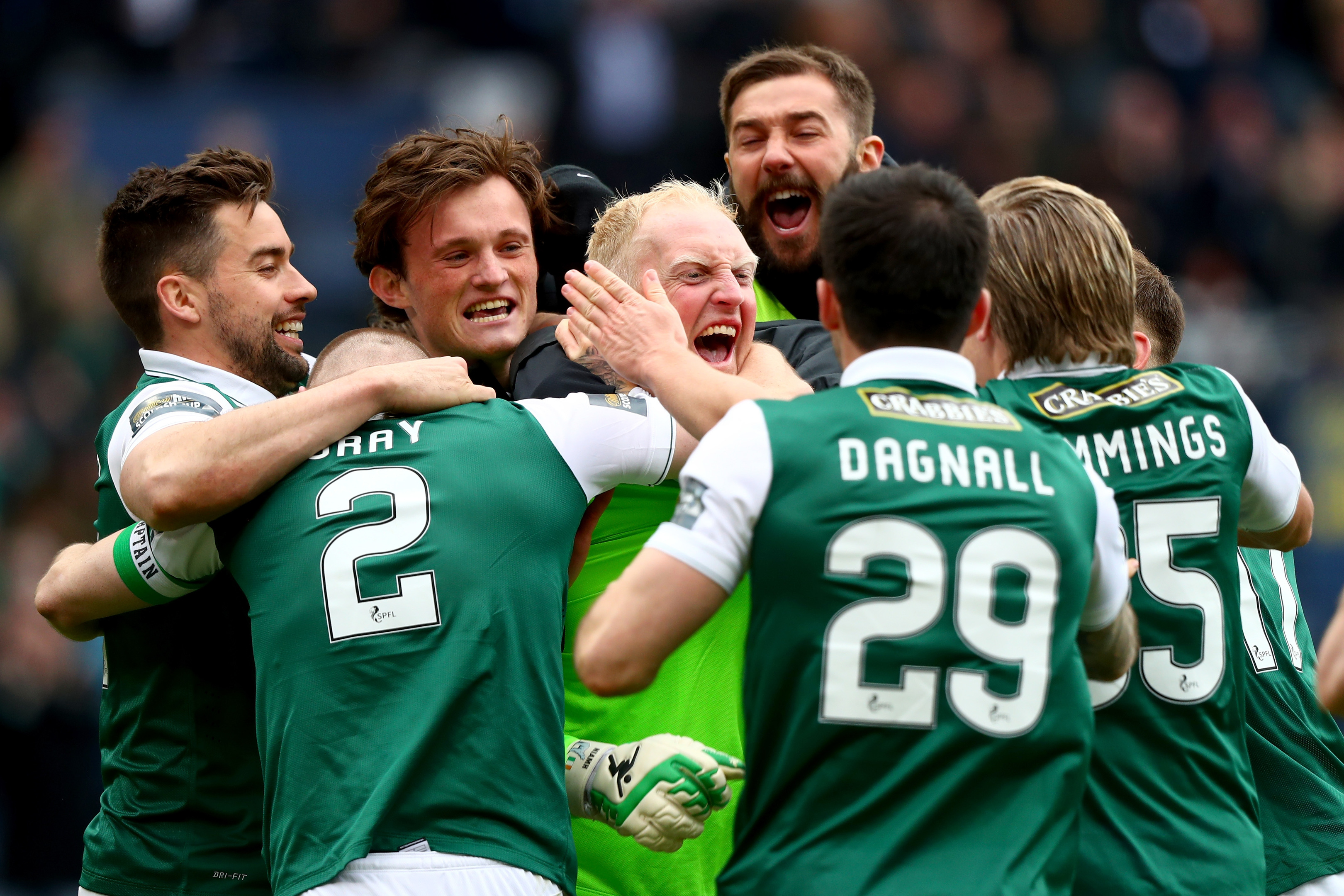 Conrad Logan is mobbed by his team-mates at full-time.