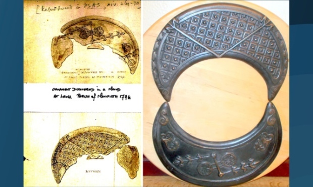 The drawing of the crescent, discovered at Laws Farm, Monifieth, in 1796, and its bronze replica.