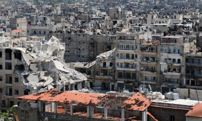 Buildings damaged during battles between the rebels and the Syrian government forces in Aleppo.