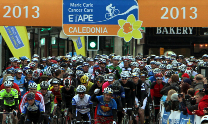 Cyclists setting off at the start of the Etape Caledonia sportive in Perthshire in May.