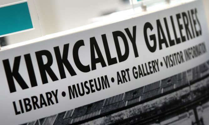 Kris Miller, Courier, 07/06/13. Picture today at the opening of the Kirkcaldy Art Gallery, Museum and Library after £2.5million refurbishment. The museum was reopened by Gordon Brown MP, Jack Vettriano - Artist and Val McDermid - Author. Pic shows sign for Kirkcaldy Galleries