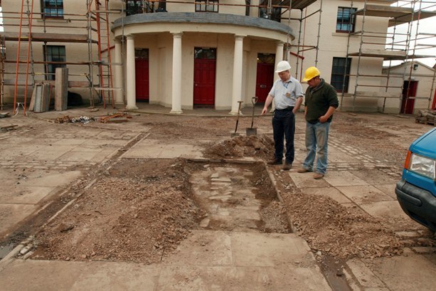 Bob Douglas, Courier. Excavation at the Signal Tower Museum, Arbroath. L-r, Curtaor Colin Easton with Scott McCombe beside the excavated part of the old courtyard.