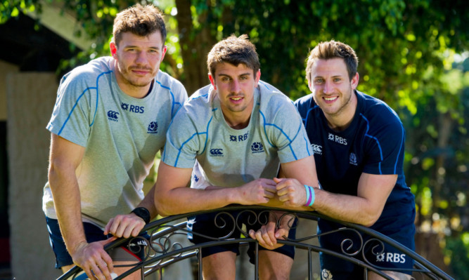 Scotland trio Tim Swinson, left, Peter Murchie and Tommy Seymour prepare for the match against South Africa.