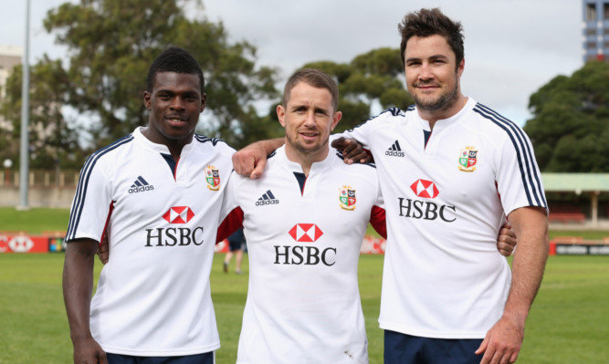 Brad Barritt, right, with Christian Wade, left, and Shane Williams, who have been selected to play for the Lions against the Brumbies