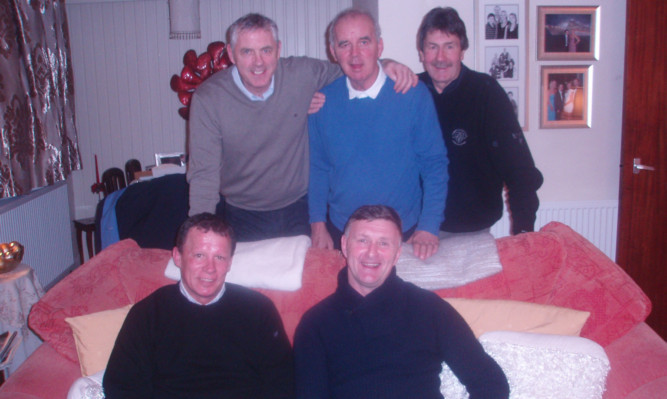 Former Dundee United stars with Frank Kopel, centre back. Back row: Dave Narey and Hamish McAlpine. Front row: John Holt and Paul Hegarty.