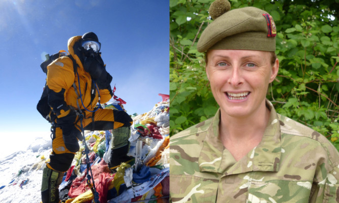 Melissa at the top of Everest and, right, in her normal army attire.