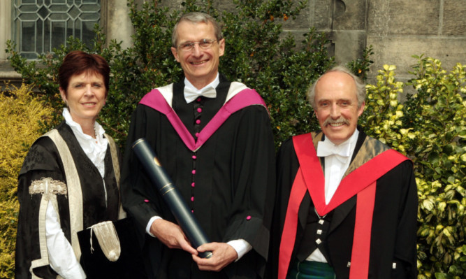 University principal Professor Louise Richardson with honorary graduate Professor Richard Schrock and Professor David Coke-Hamilton.
