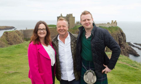 Jim Kerr of Simple Minds with Lindsay Verstralen and Fraser Mearns at Dunnottar Castle, Stonehaven.