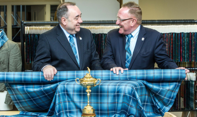 Alex Salmond launches the Ryder Cup tartan with European Ryder Cup director Richard Hills.