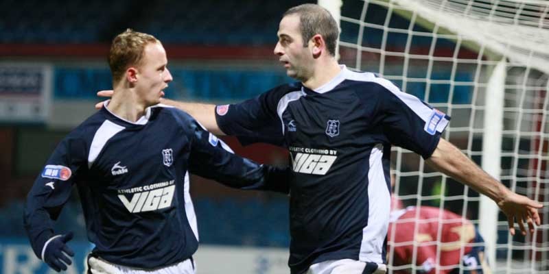 Kim Cessford, Courier 12.12.09 - Dundee FC v Ayr at Dens Park - pictured are l to r -  Dundee's Leigh Griffths congratulating Gary Harkins on scoring a goal