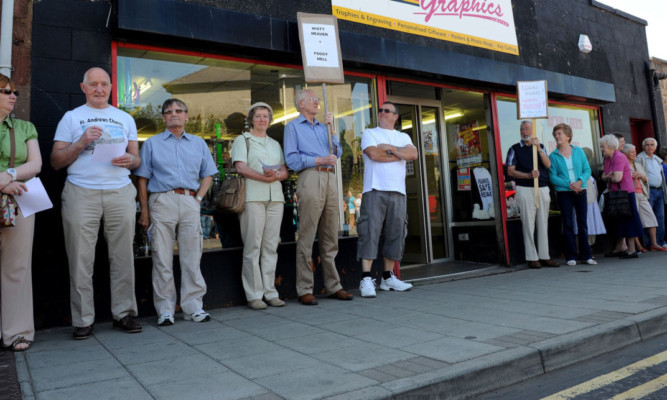 Protesters outside the Misty Heaven legal highs shop on Fisheracre, which has opened just doors from a drop-in centre for people with drink and drug addictions.