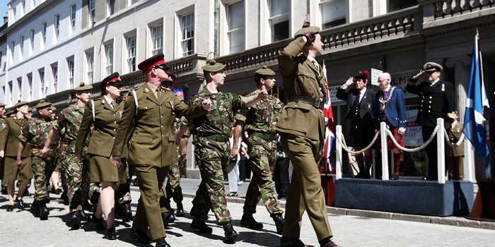 Kris Miller, Courier, 02/07/11. Picture today at Armed Forces Day parade, City Square, Dundee. Pic shows John Letford recieving the salute.