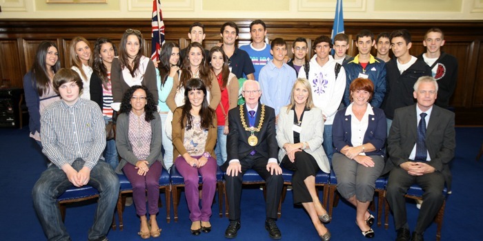 Kris Miller, Courier, 04/07/11. Picture today at City Chambers, Dundee. Pic shwos students from Colegio De Lourdes in Spain who are visiting Dundee thanks to ILE, Ged Grimes Spanish/English language school. Pic shows the group with Lord Provost John Letford, Patricia Grimes (ILE Director), Sue Hain (ILE) and Michael Wood (Director of Education), Encarni Jiminez (Colegio De Lourdes) and Teresa Valle (Colegio De Lourdes).