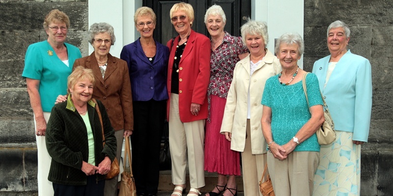 John Stevenson, Courier, 08/07/11.Dunfermline,The Carnegie Conference Centre, reunion lunch for nurses from same class.Pictured here standing on the original front door steps to the Fod House Pre Nursing School are l/r joan Guyan(Leslie), Jessie Simpson(Cardenden), Isobel Martin(Lochgelly), Mary Wilkie(Kirkcaldy), Janet Saunderson(Auchtertool), Cathy Brent(Ballingry), Jean Burns(Hillend), Margaret White(Crombie), Dalene Radin(Dunfermline).