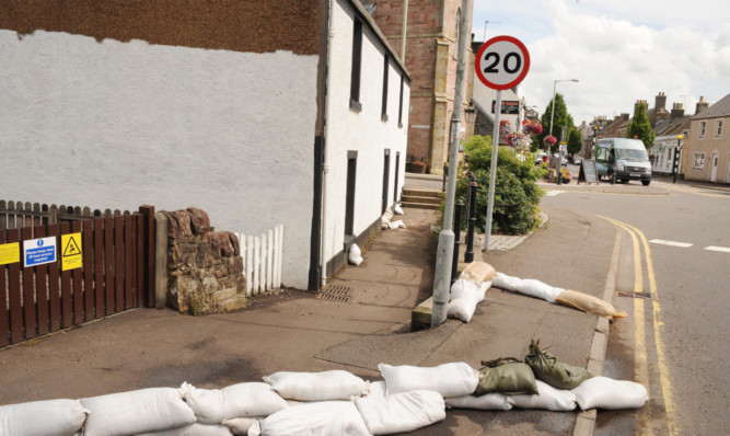 Sandbags outside Kirstin Reeves house in Milnathort.