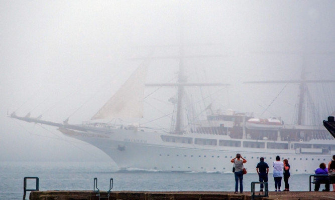 The Sea Cloud II looked like a ghost ship as it left Dundee in thick haar on Wednesday.