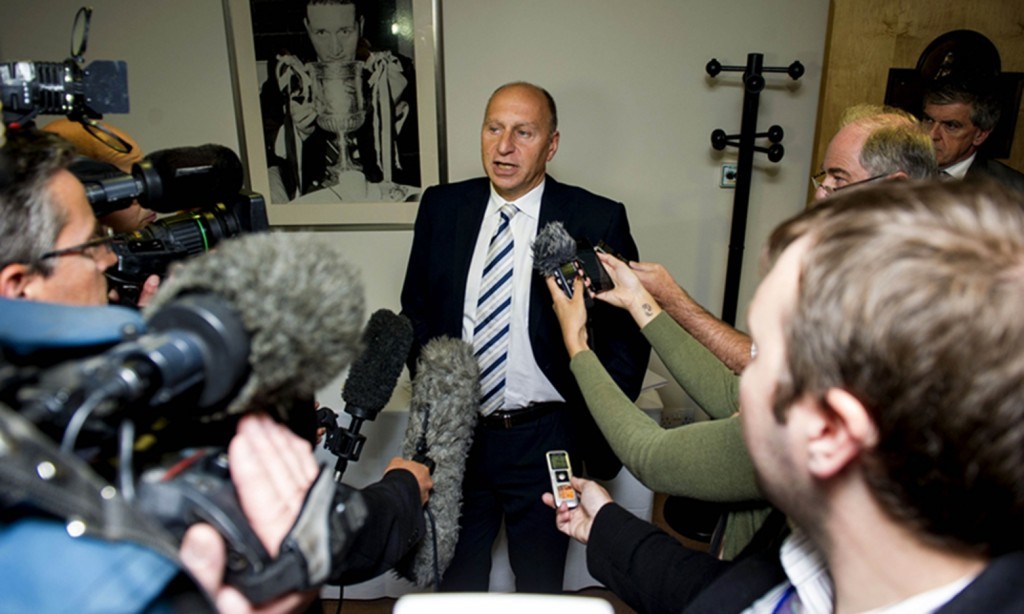 Dunfermline administrator Bryan Jackson speaks to the press at East End Park after a day of meetings with the club's creditors.