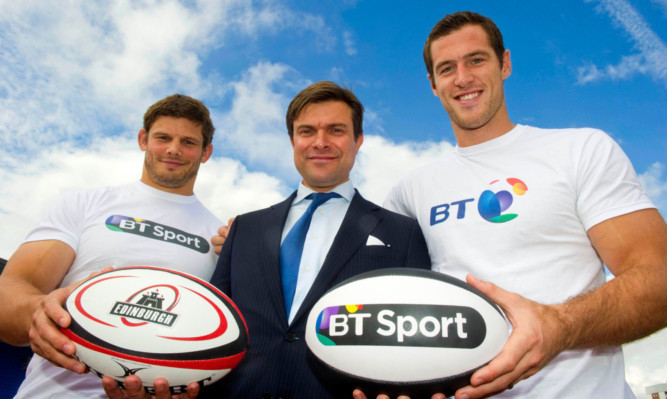 Edinburgh pair Ross Ford, left, and Tim Visser, with Marc Watson, chief executive of TV for BT Retail Group.