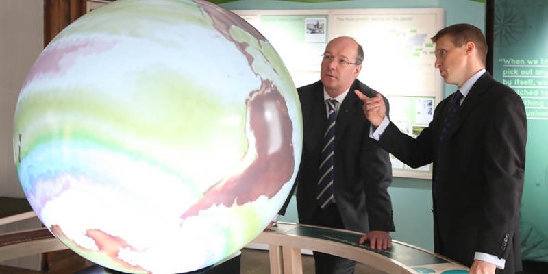 Steve MacDougall, Courier, Fair Maid's House, Perth. Official opening after redevelopment as geographical education centre. Pictured, John Swinney MSP (left) and Mike Robinson (Chief Exec of RSGS) look at one of the new features of the centre; a giant Earth globe.