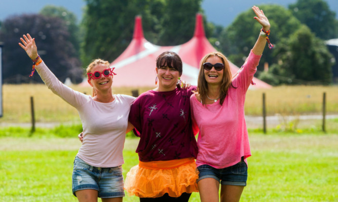 Campers Justine Maxwell, Yvonne Knox and Nicole Maxwell leave the Rewind site at Scone Palace after the weekends events.