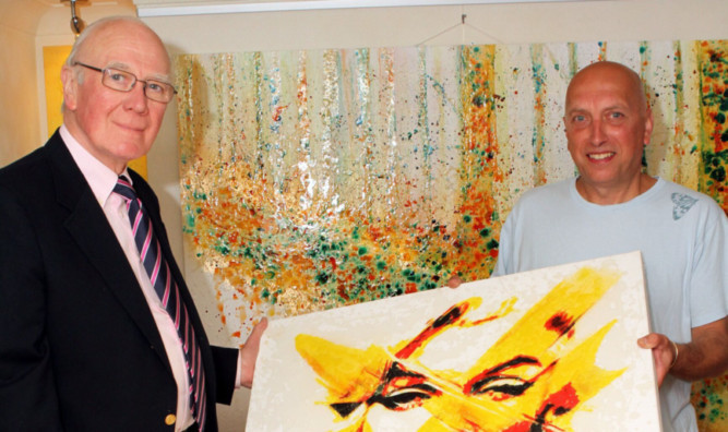 Sir Menzies Campbell with exhibiting artist Derek Collins.