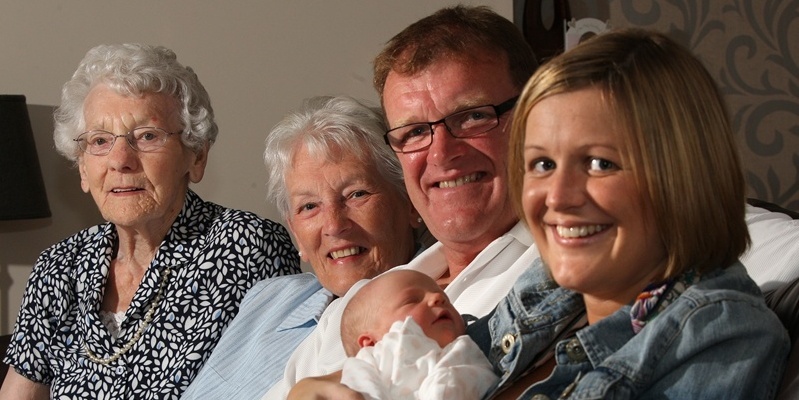 Kris Miller, Courier, 28/07/11. Picture today at Anderson Household, Kilrenny. Pic shows five generations of the family together with L/R, Jessie Anderson (99), Cecilia Anderson (72), Philip Anderson (52), Sarah Shakespeare (29) and Scarlett Shakespeare (6 days).