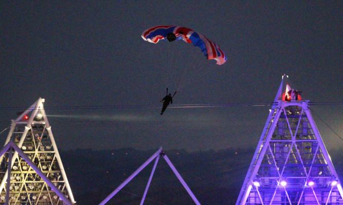 Mark Sutton parachuting into the Olymic Stadium during last year's opening ceremony.