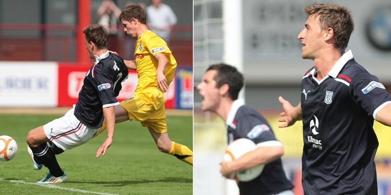 Kim Cessford, Courier 13.08.11 - Dundee FC v Ayr United FC at Dens Park - pictured are l to r -  Jake Hyde (Dundee) scoring his goal and Gareth Armstrong (Ayr)