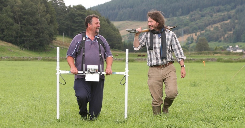 Steve MacDougall, Courier, Grounds owned by the Church, Fortingall. An archaeological dig to discover evidence of early Christian site. Pictured, left is Tony Simpson with a Gradiometer and right is Dr Oliver GT O'Grady, chatting before the work began.
