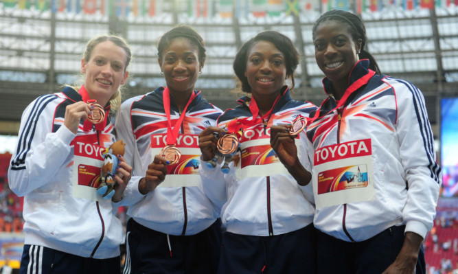 Britains 4x400m relay bronze medallists Eilidh Child, Shana Cox, Margaret Adeoye and Christine Ohuruogu.