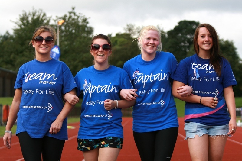 Kris Miller, Courier, 21/08/11. Picture today at Relay for Life, Caird Park, Dundee shows L/R, Kelly Owens, Kirsty Yeoman, Rachael Brown and Lana Warrender (Team Jazzlers) taking part in the relay.