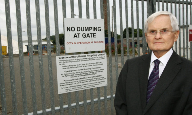 Councillor Borthwick outside the closed Marchbanks Recycling Centre.