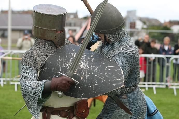 DOUGIE NICOLSON, COURIER, 21/08/10,NEWS.
DATE - Saturday 21st August 2010.
LOCATION - Arbroath Harbour.
EVENT - Abroath Seafest.
INFO - The Knights Of Monymusk during their battle re-enactment.
STORY BY - Ralph, Arbroath office.