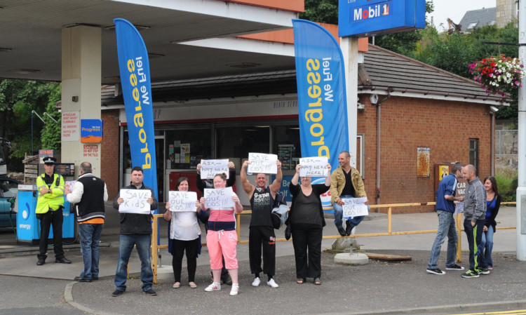 The demonstration outside the Esso petrol station in Cowdenbeath.