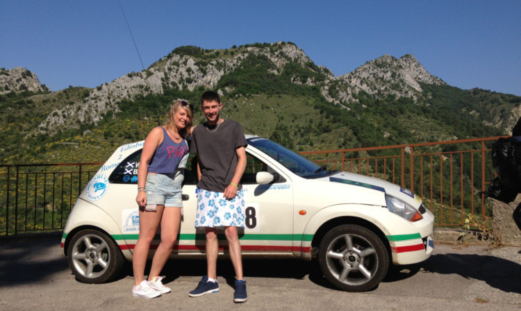 Buckhaven couple Claire Bain, 23, and Ryan Wight, 22, with their Ford Ka, in which they took on the Rust2Rome challenge along with friends Damon Glover from Leven and Methil man Scott McPhail.