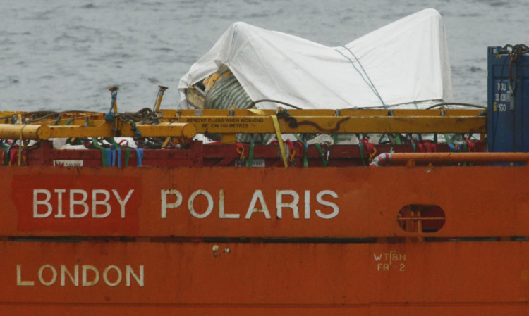 The wreckage of the helicopter after being salvaged from the North Sea off Shetland.