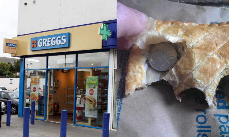 The Greggs shop on Strathmartine Road and the 10p coin in the pastry.